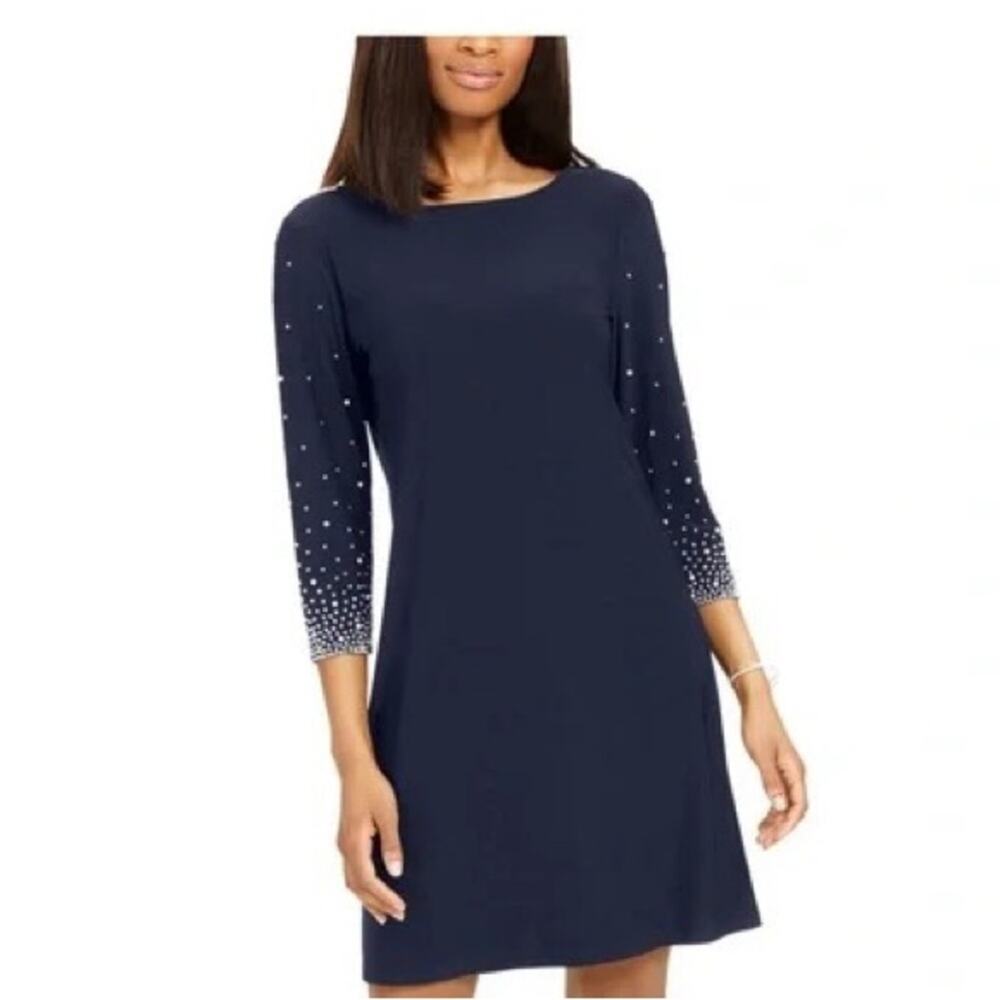 NWT MSK Dress SMALL Embellished Sleeved Sheath Stretch  Navy Blue